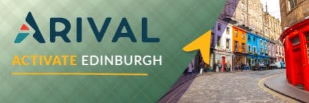 promotional graphic with “Arival Activate Edinburgh” on it and a Scotland-looking streetscape with colorful buildings