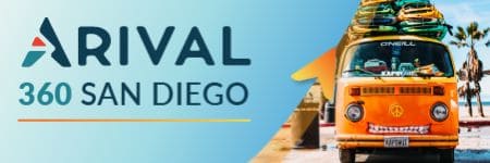 promotional graphic for “Arival 360 San Diego” with a Volkswagon-style bus on the beach