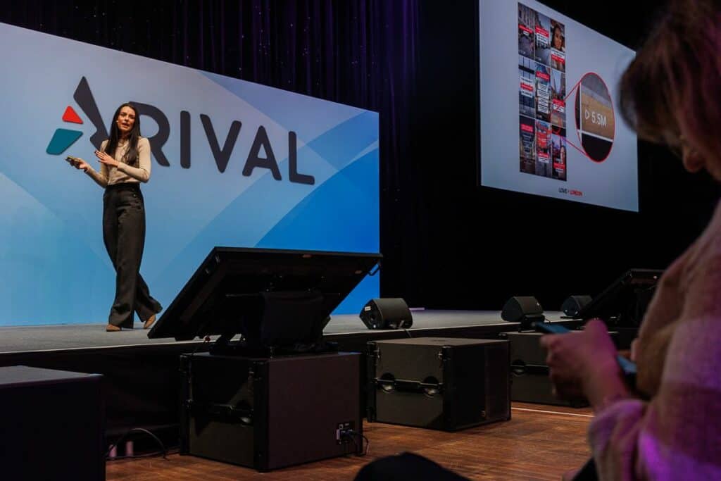 Image of Love and London Founder Jessica Dante speaking at Arival 360 | Berlin 2024, sharing insights and tips on short-form video content for tour, activity, and attraction operators.